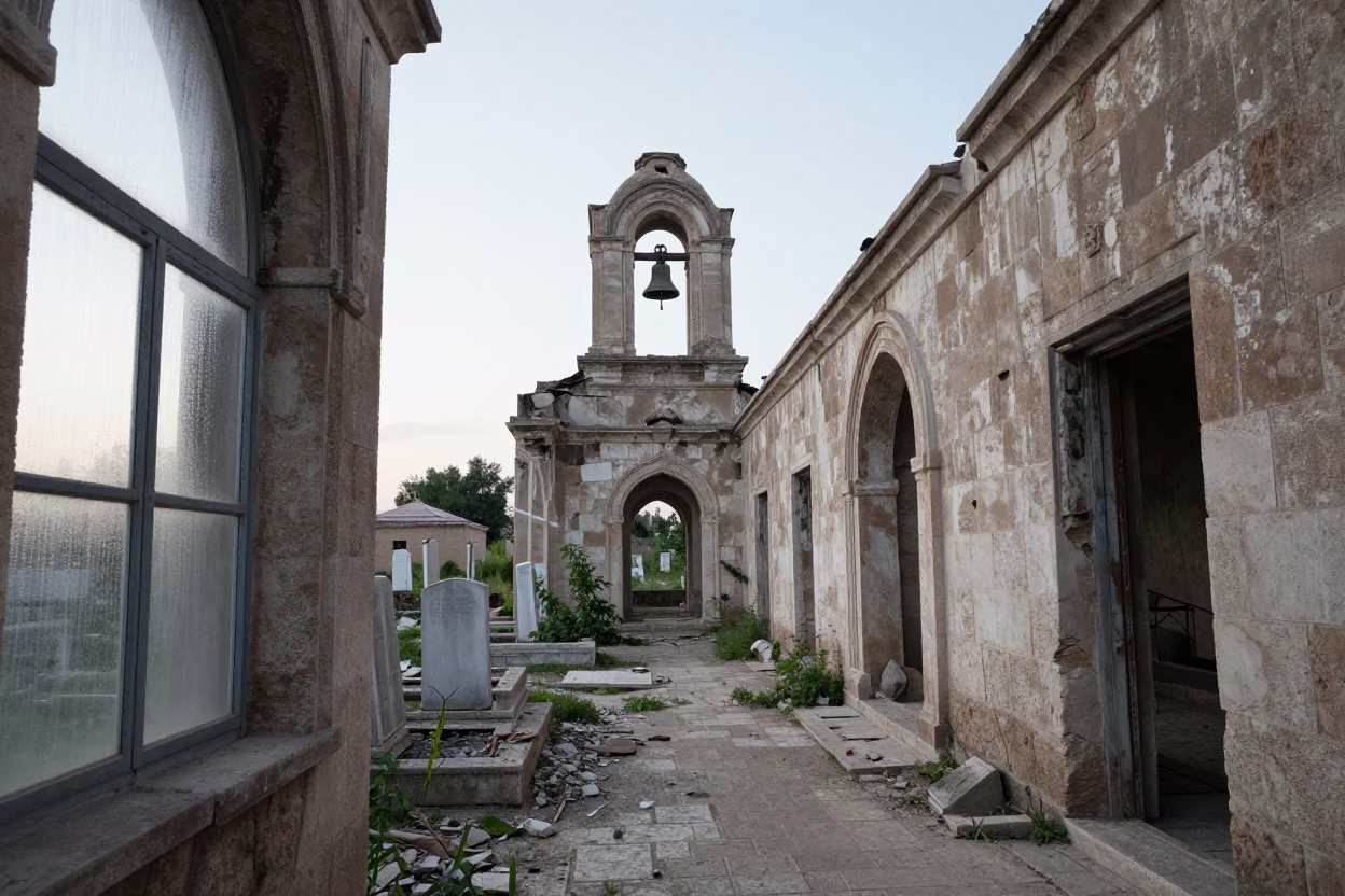 Forsaken Cemetery Chapel Bell Tower Ruins in along a monastery corridor in Siirt