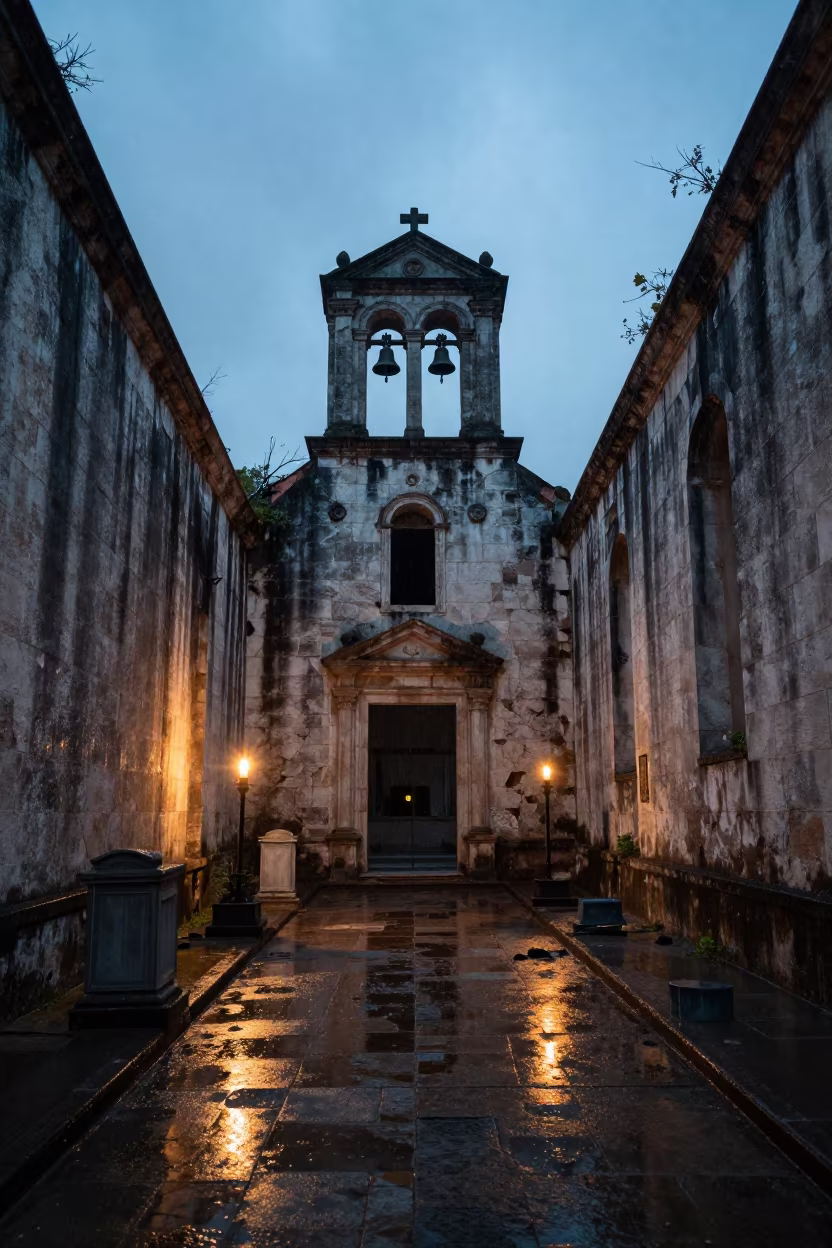 Forsaken Cemetery Chapel with Collapsed Tower in inside a quiet cloister passage in Maracaibo