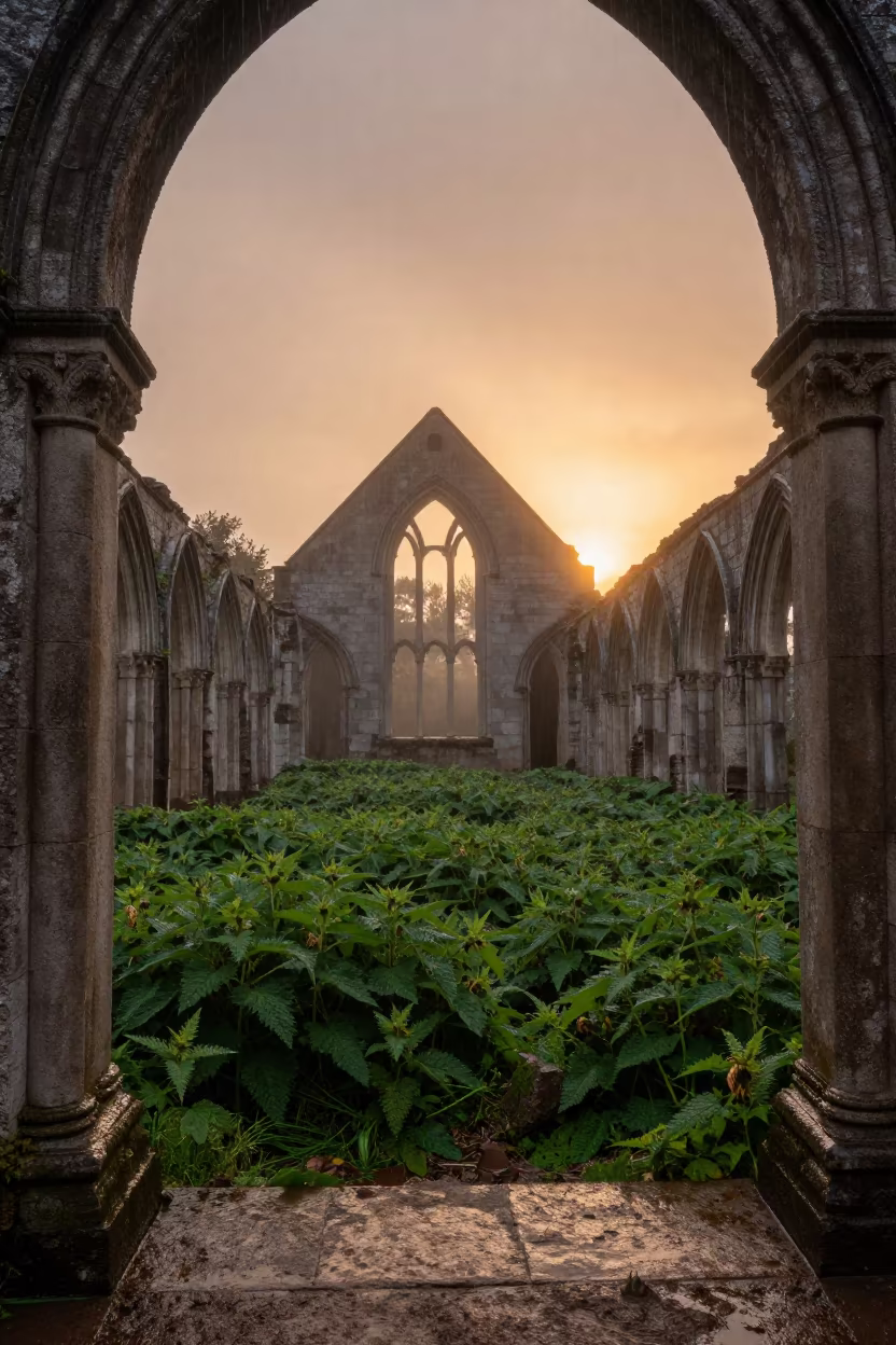 Forsaken Chapel in Reef Rain Sunset in among collapsed cloisters in the Great Barrier Reef