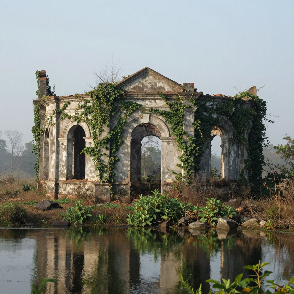 Forsaken Chapel Ruin Amidst Nettles and Fog in beside ivy-draped masonry near Bhiwandi