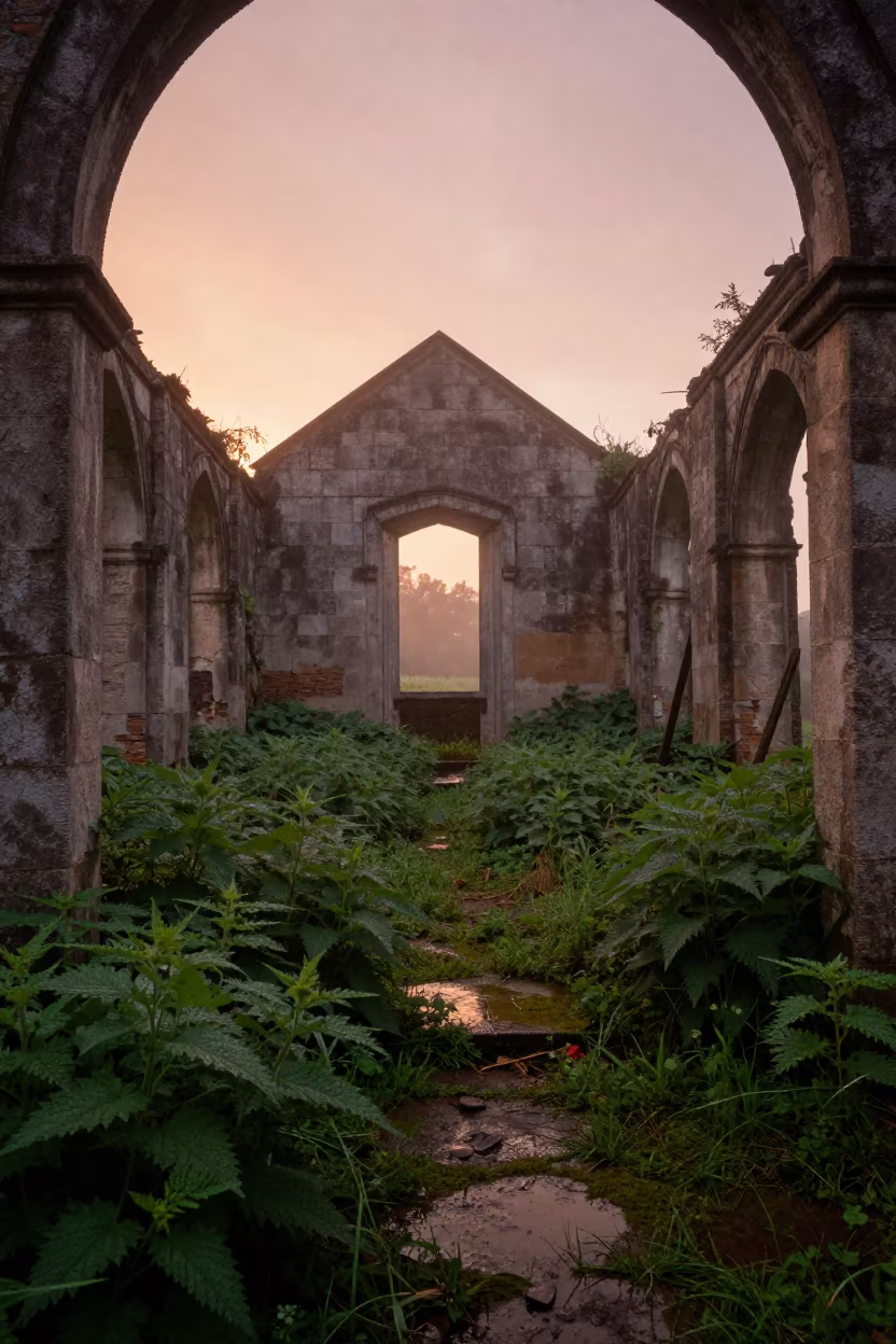 Forsaken Chapel Ruins in Wet Season Fog in near Luanshya