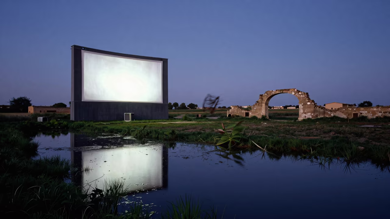 Forsaken Drive-In Screen Under Stone Arch in beneath a broken stone arch near Zaragoza