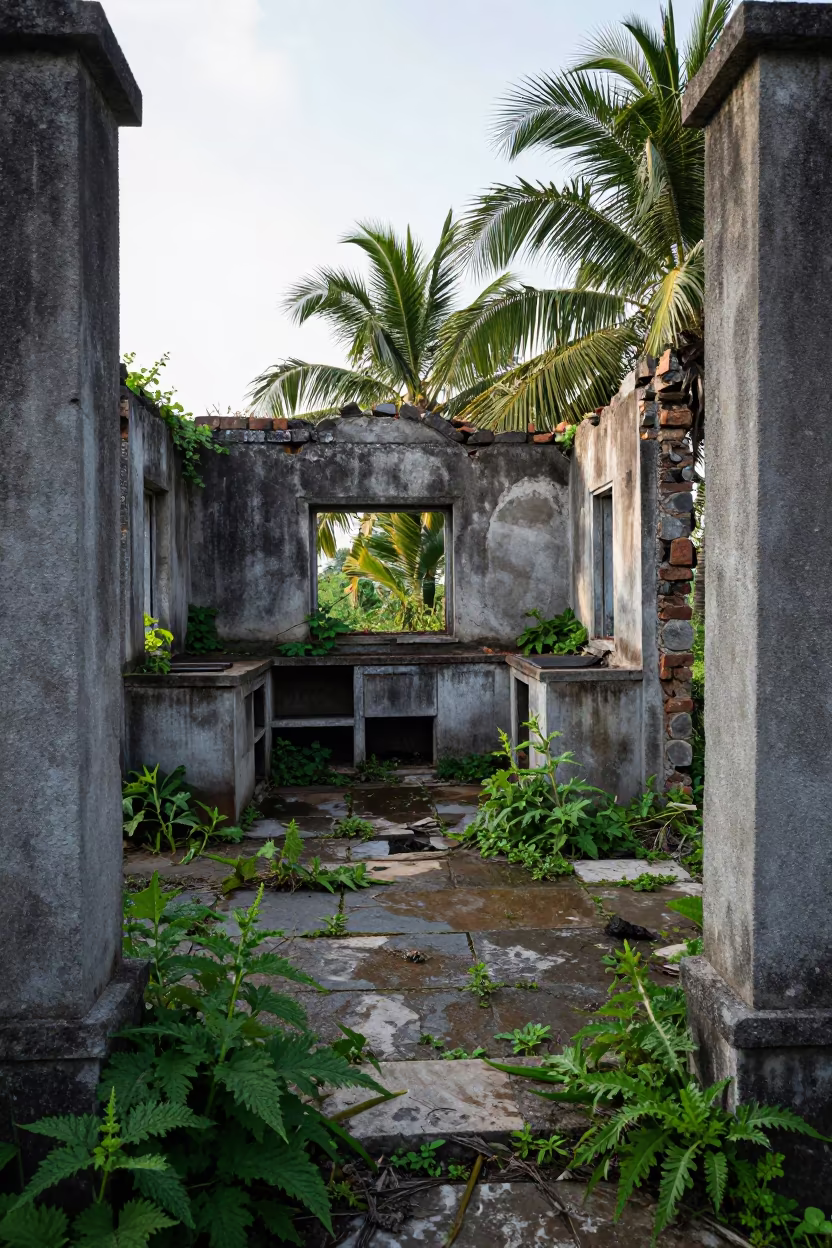 Forsaken Farmhouse Kitchen Ruins Near Xining in among collapsed cloisters near Xining
