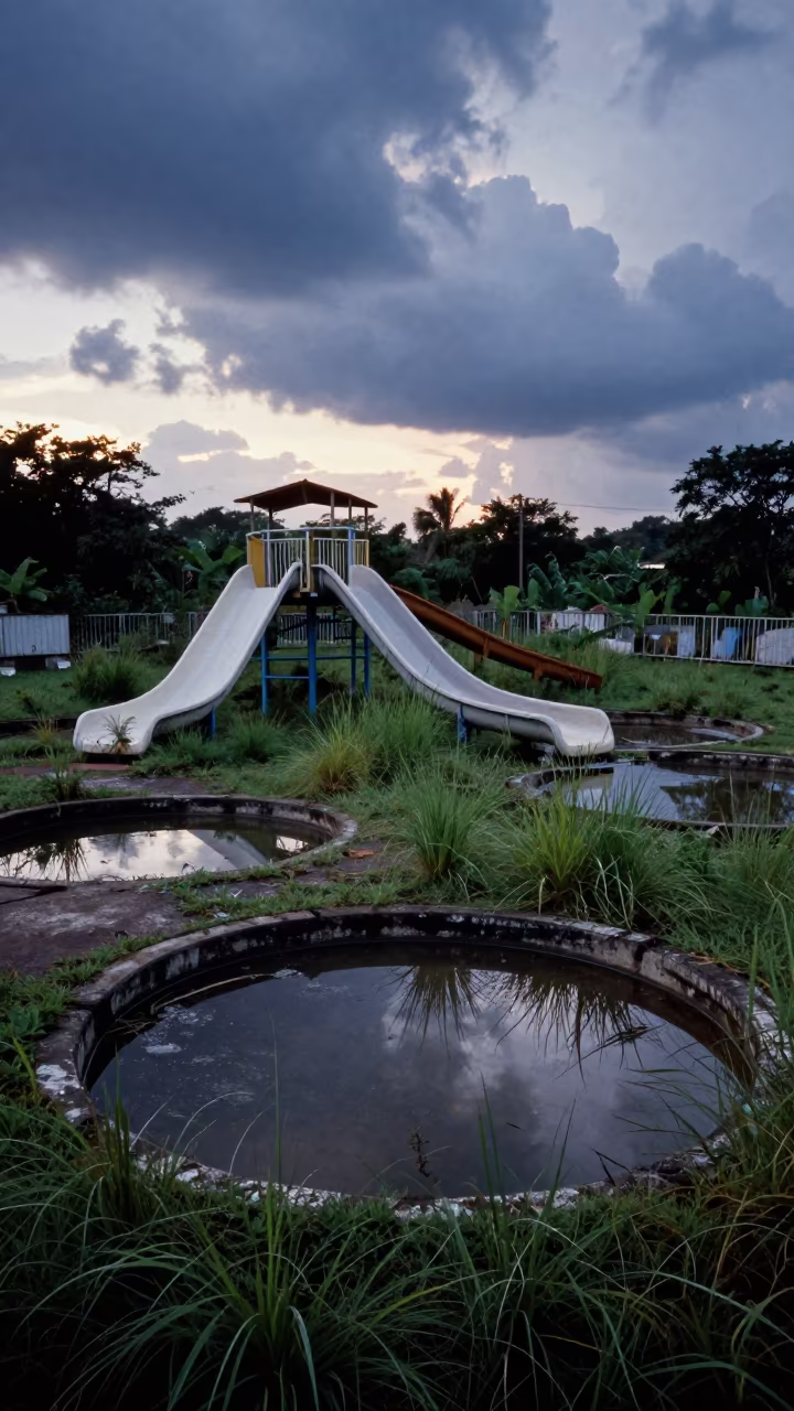 Forsaken Guyana Water Park Blue Hour in through a courtyard reclaimed by grasses in Guyana