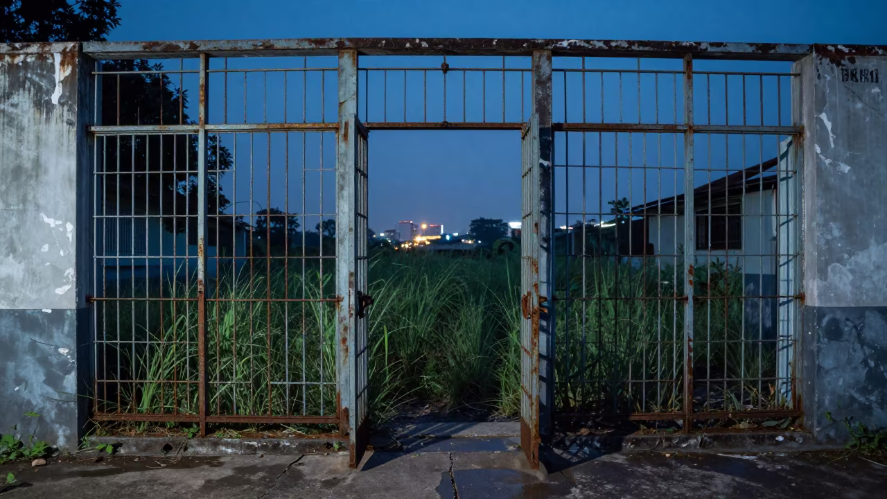 Forsaken Prison Cell Block Reclaimed by Grasses in through a courtyard reclaimed by grasses near BKK1, Phnom Penh