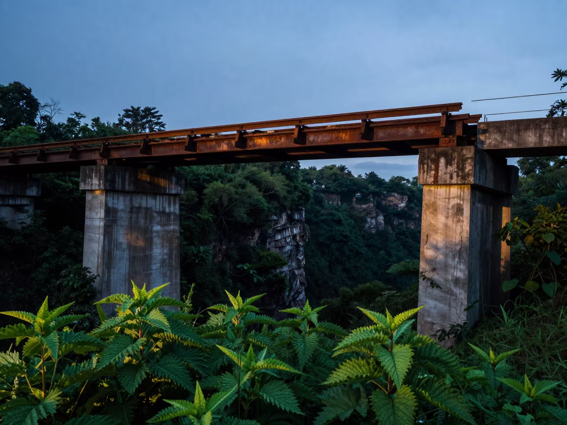 Forsaken Rail Bridge Gorge Twilight Gonaives in among toppled columns and nettles near Gonaïves