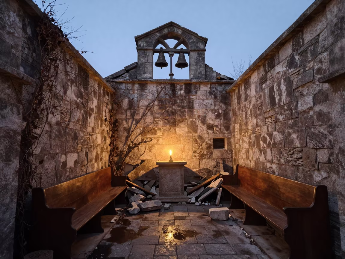 Forsaken Stone Chapel with Collapsed Bell Tower Kozan in inside a stone chapel in Kozan