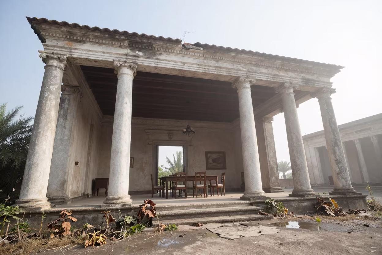 Forsaken Villa Dining Room Amidst Fig Leaves and Fog in among toppled columns and nettles near Cuauhtémoc