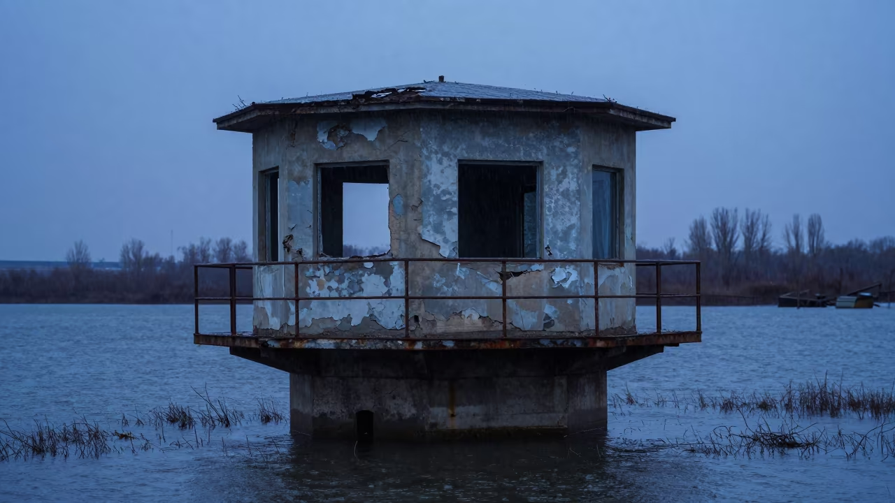Forsaken Watch Post Over Flooded Marsh in Baku Twilight in near Baku