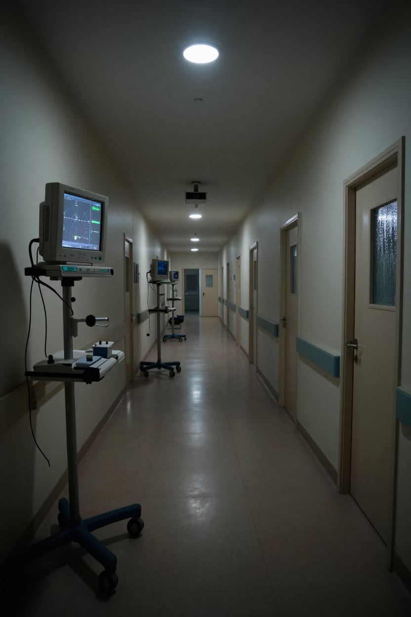Fort Portal ICU Corridor Midnight Handoff Light in inside a clinic exam room near Fort Portal