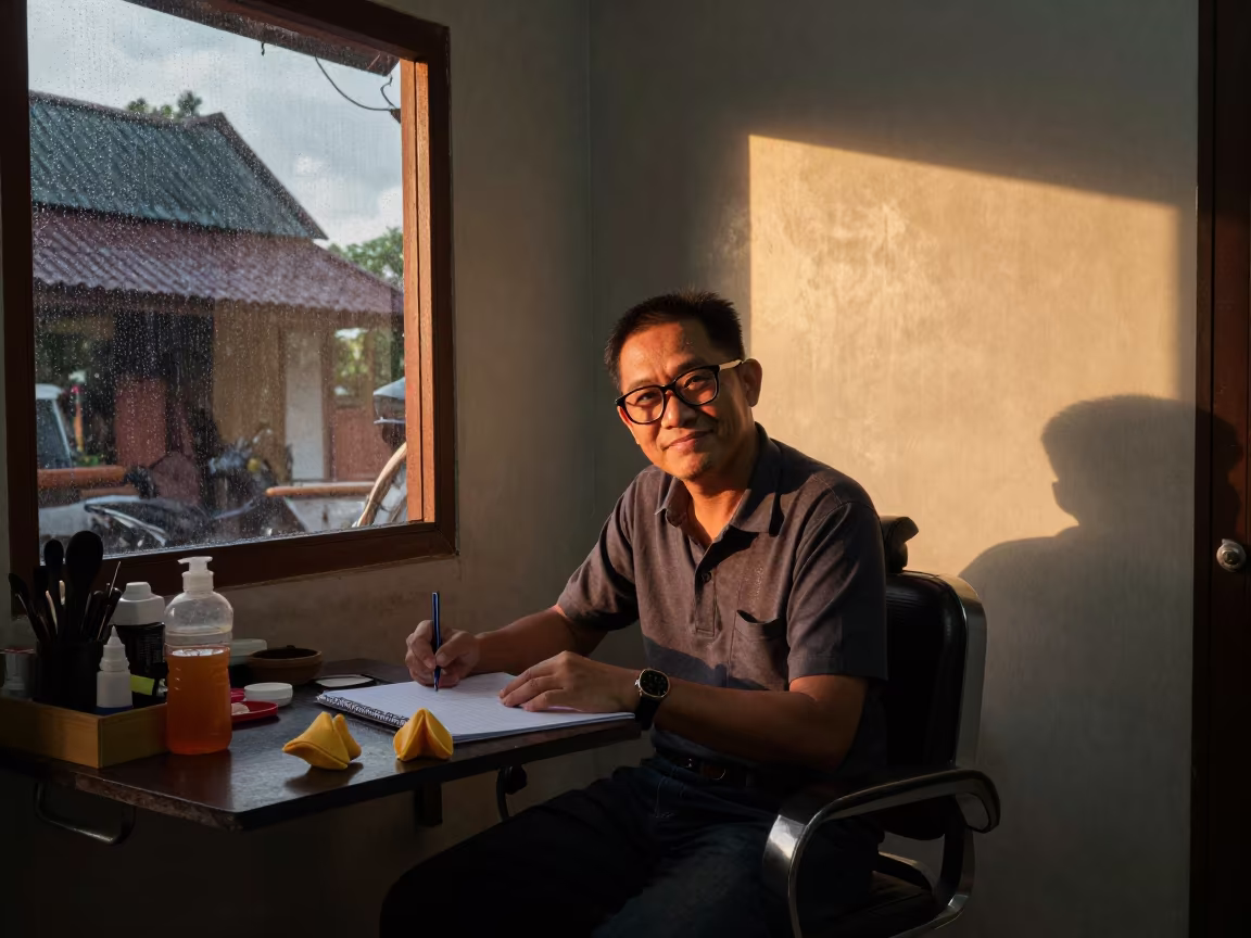 Fortune Cookie Writer in Kampong Cham Barber Shop in inside a small barber shop in Kampong Cham