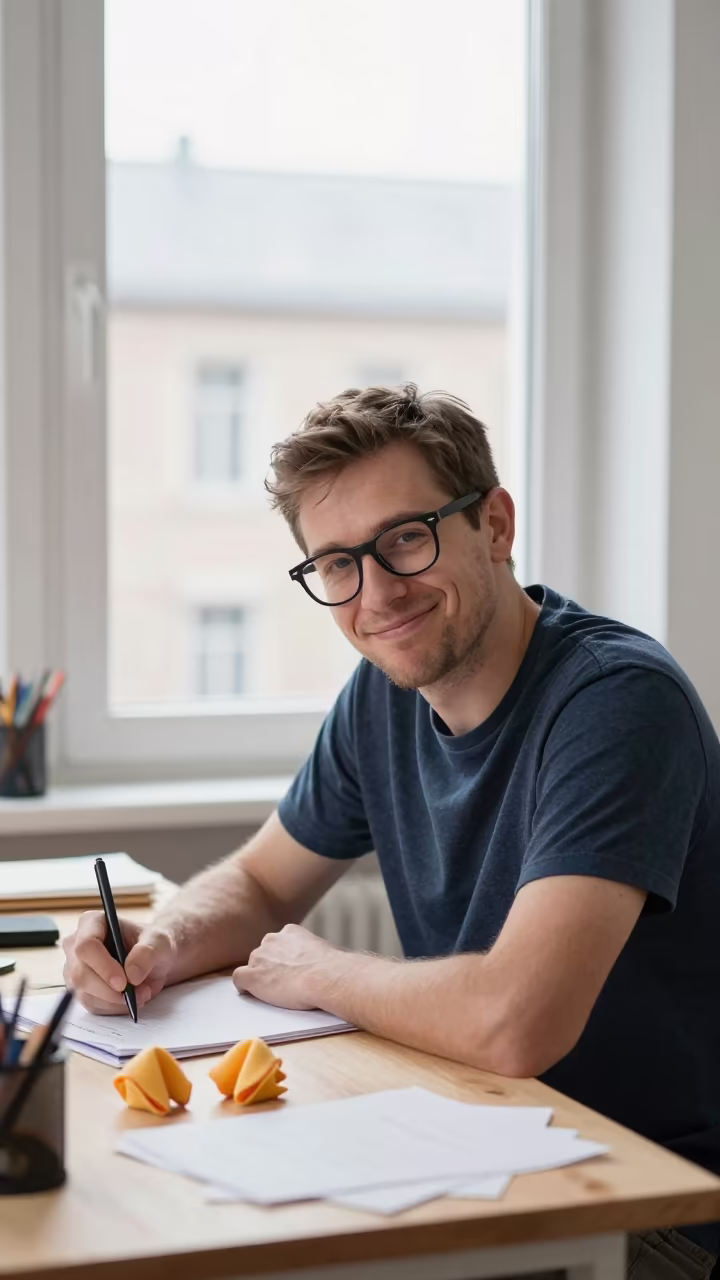 Smiling Fortune Cookie Writer in Lille Workshop in by a workshop window in Lille