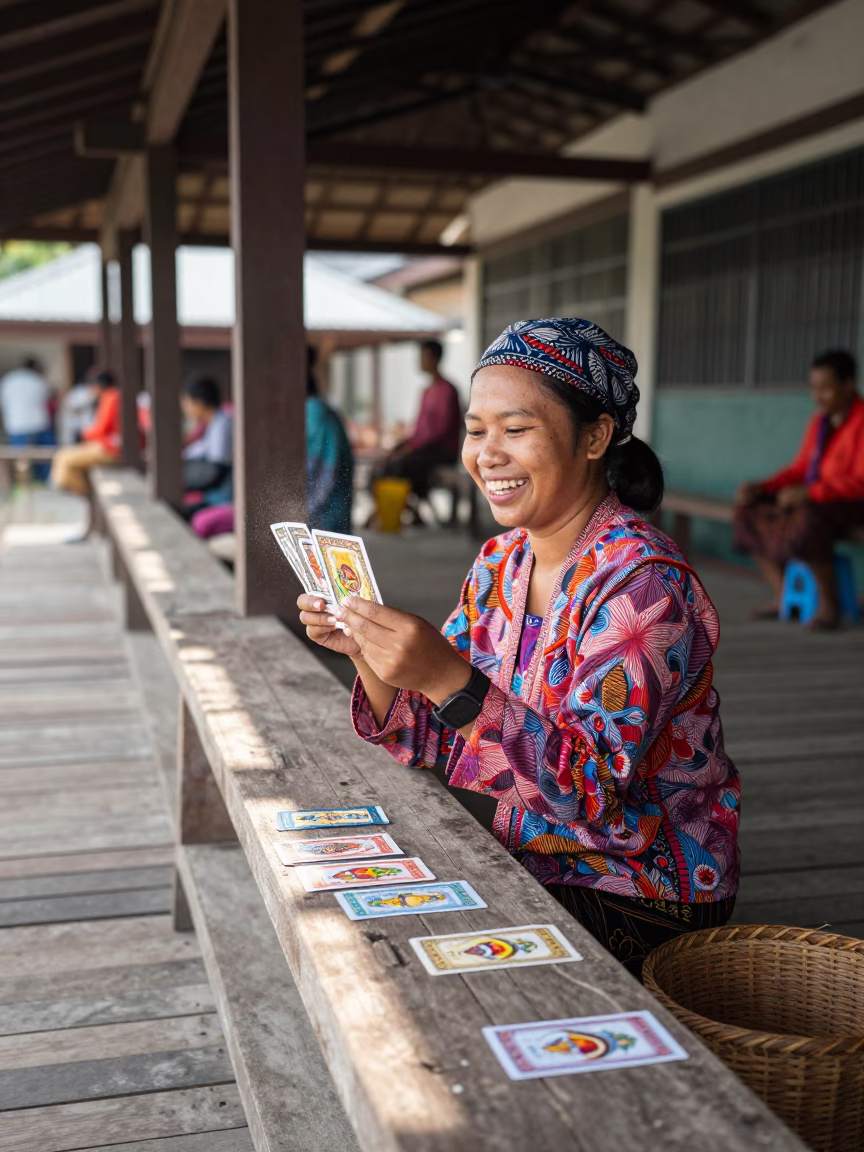 Fortune Teller with Cards on Kota Pier in on a pier railing in Kota