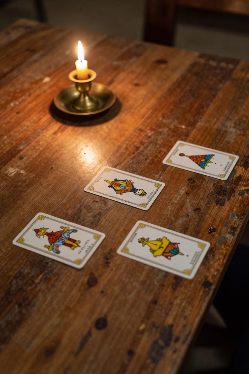 Fortune Teller Cards on Wooden Table in on a wooden workbench in Abidjan