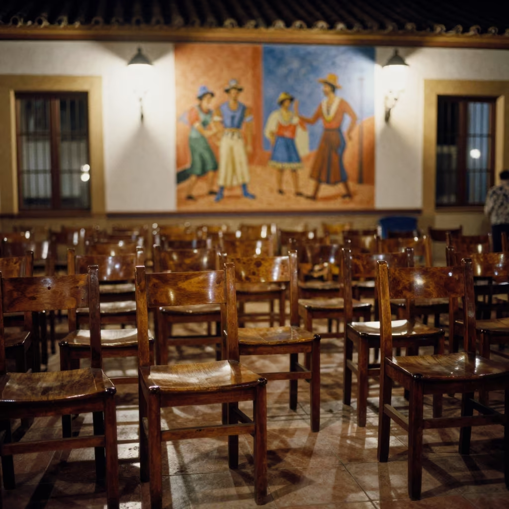 Forum Chairs Facing Seville Mural Evening Light in in a community center hall in Seville