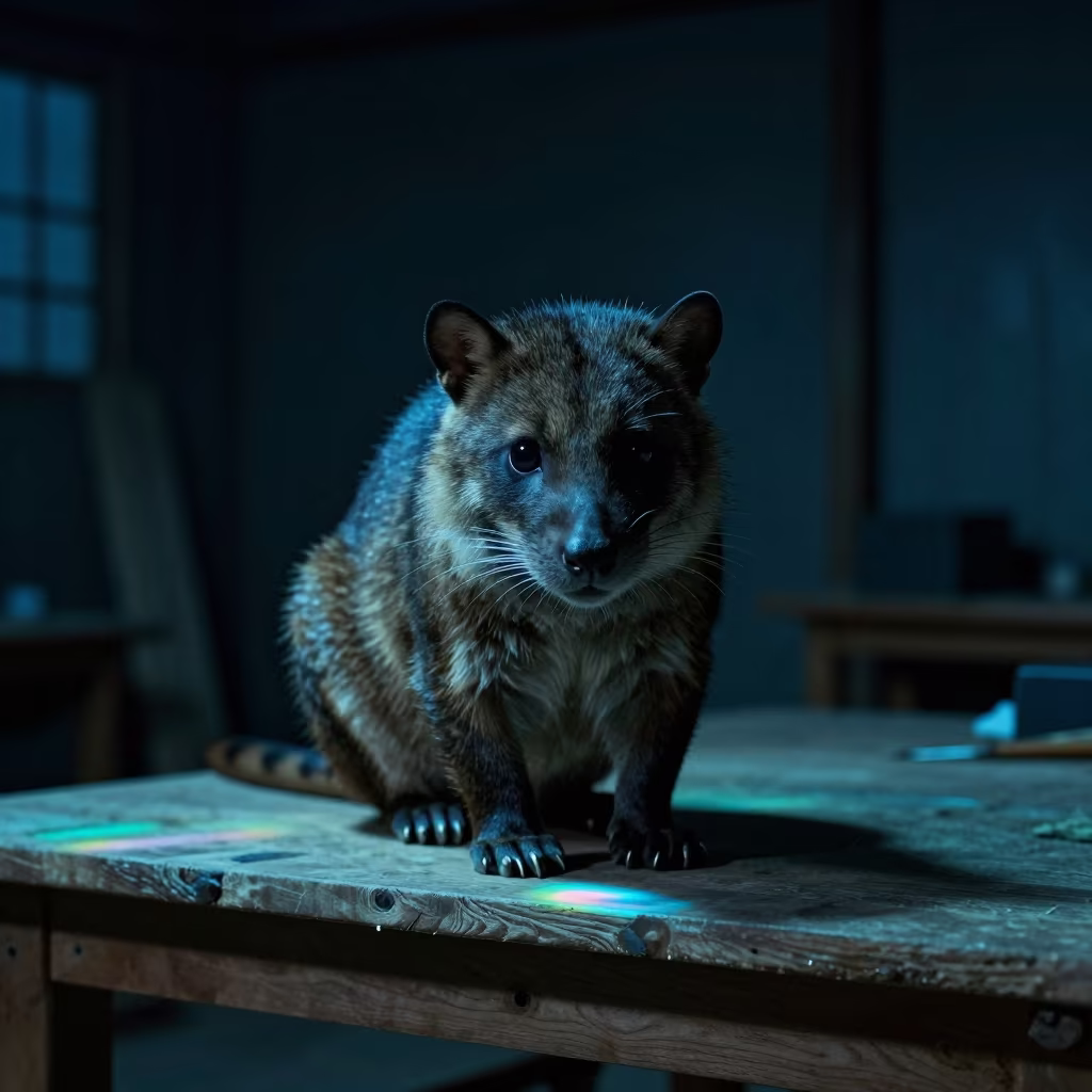 Fossa Midnight Hunt on Antananarivo Workbench in on a wooden workbench in Antananarivo