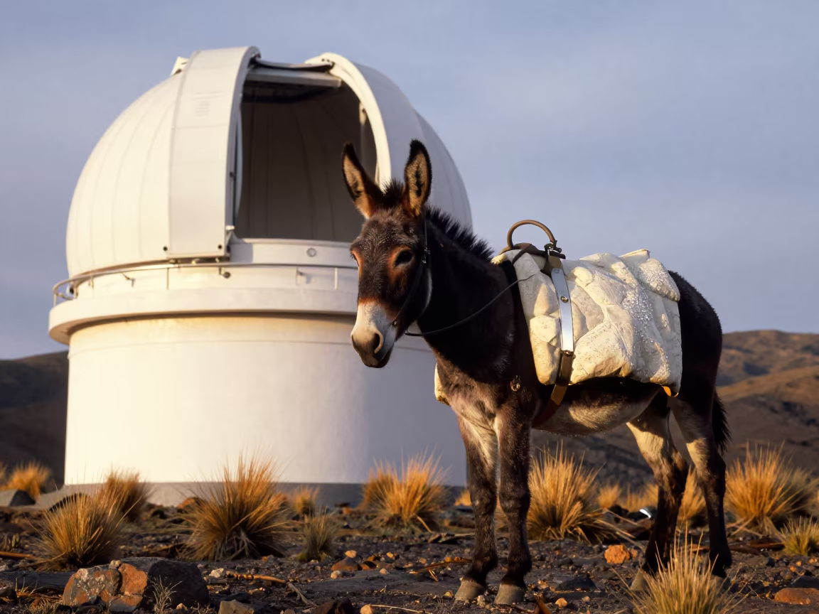 Fossil Jacket on Mule at Peru Observatory in beside an observatory dome in Peru