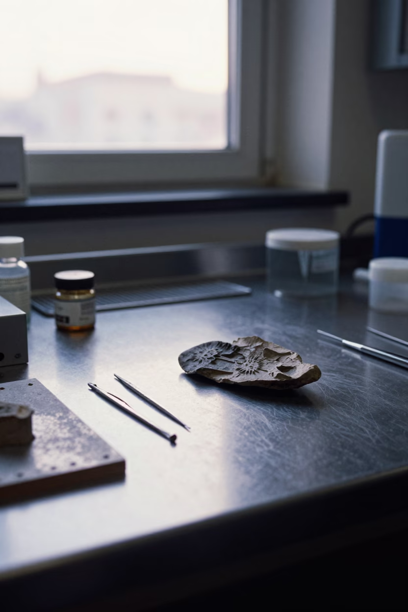 Fossil Prep Lab Bay at Dawn in in a fossil prep lab in Florence