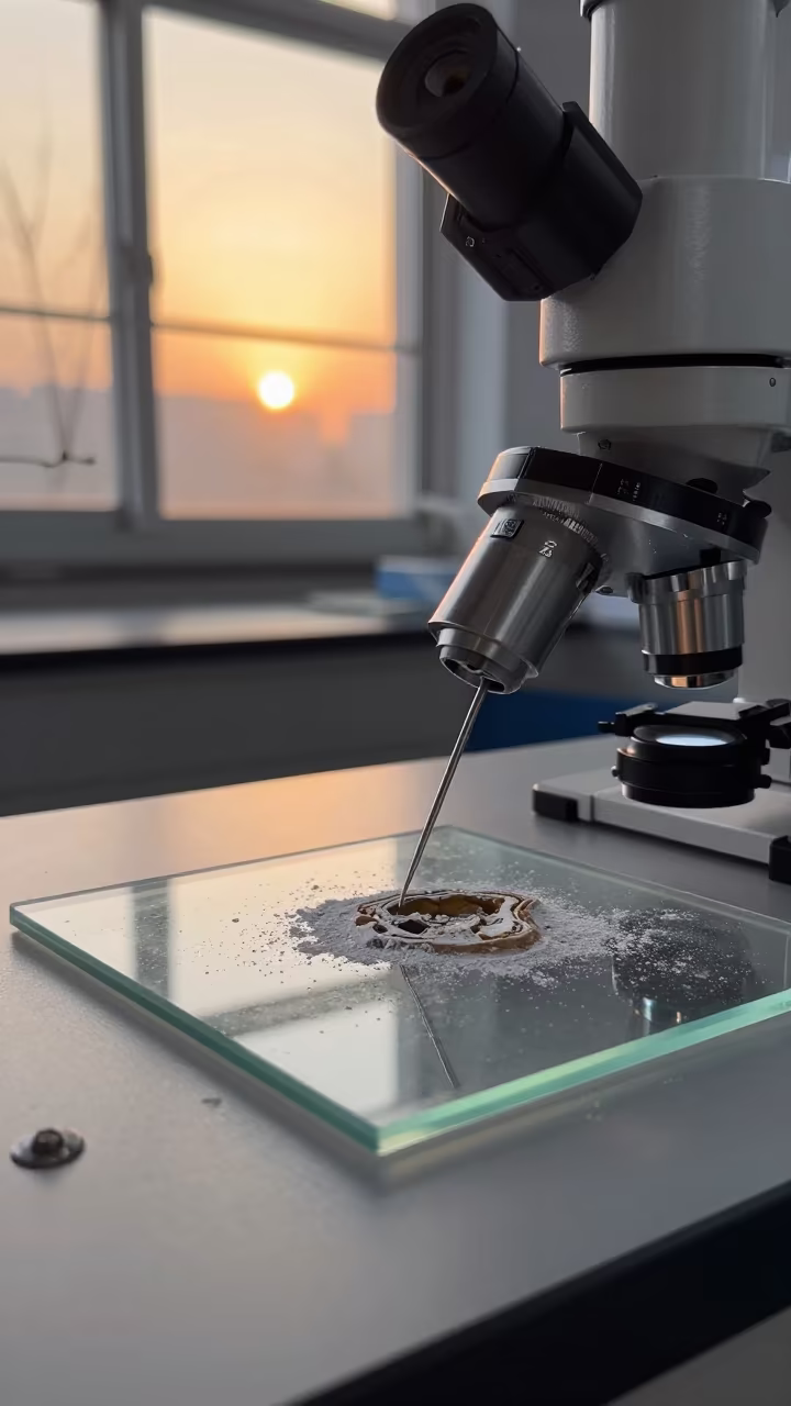 Fossil Prep Needle Reveals Enamel Dust in at a microscopy bench in Anyang