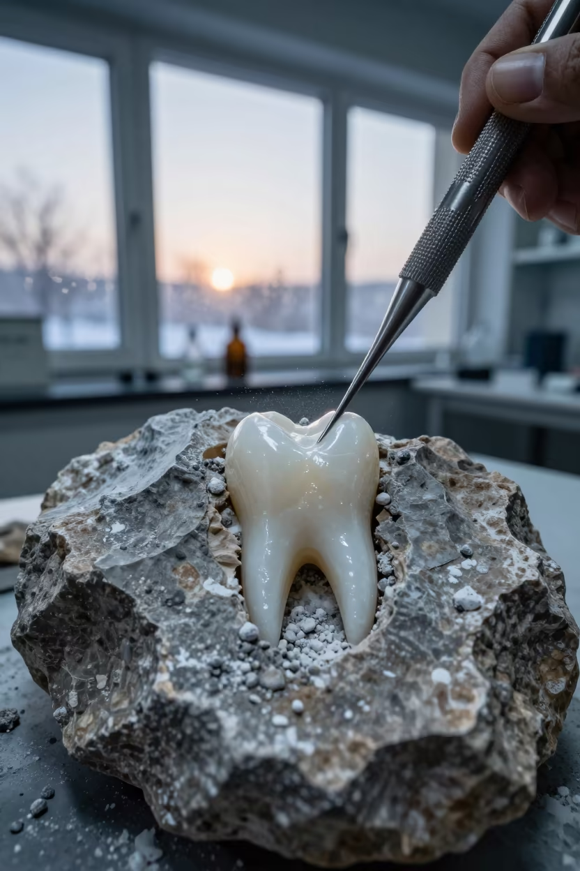 Fossil Prep Needle Reveals Tooth Enamel in Dawn Light in in a fossil prep lab near El Mahalla El Kubra