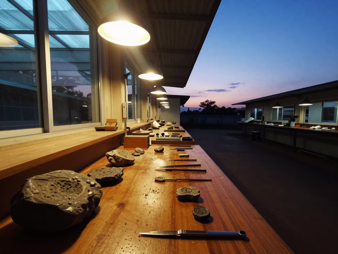 Fossil Prep Table in Lab Blue Hour in inside a university research lab near Gweru