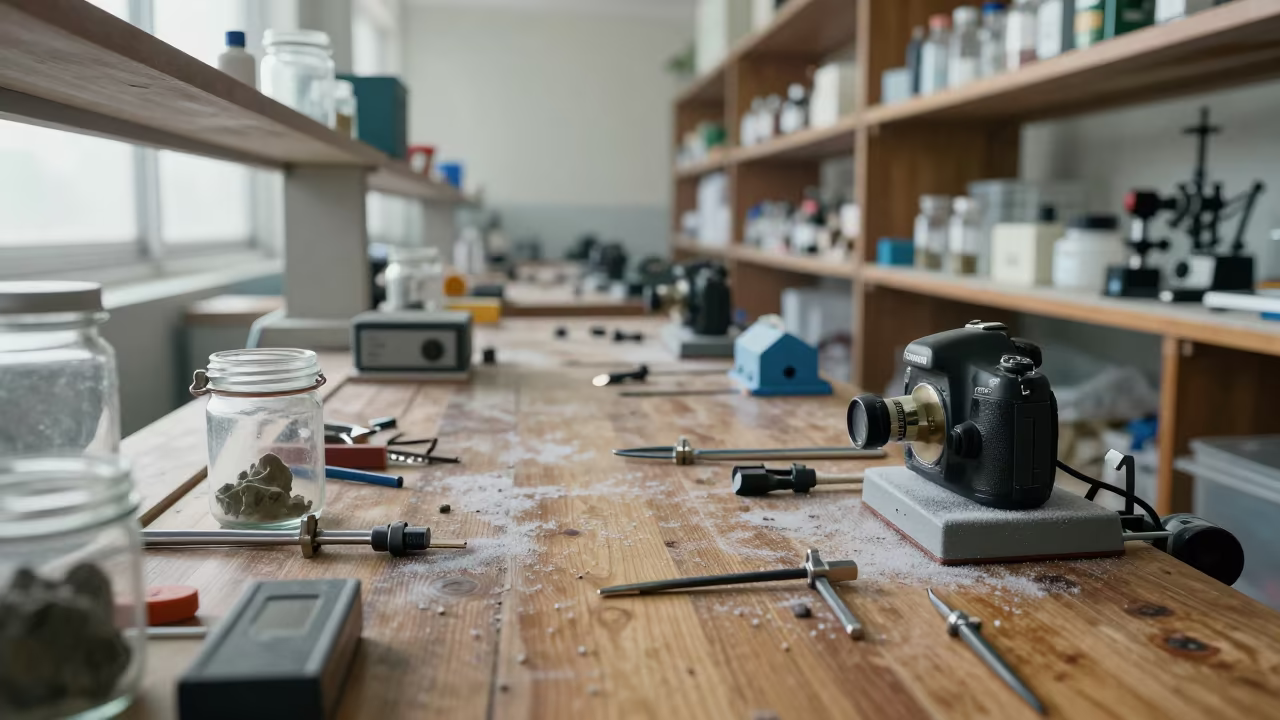 Fossil Prep Table Under Predawn Frost in Delhi Lab in in a fossil prep lab in Karol Bagh, Delhi