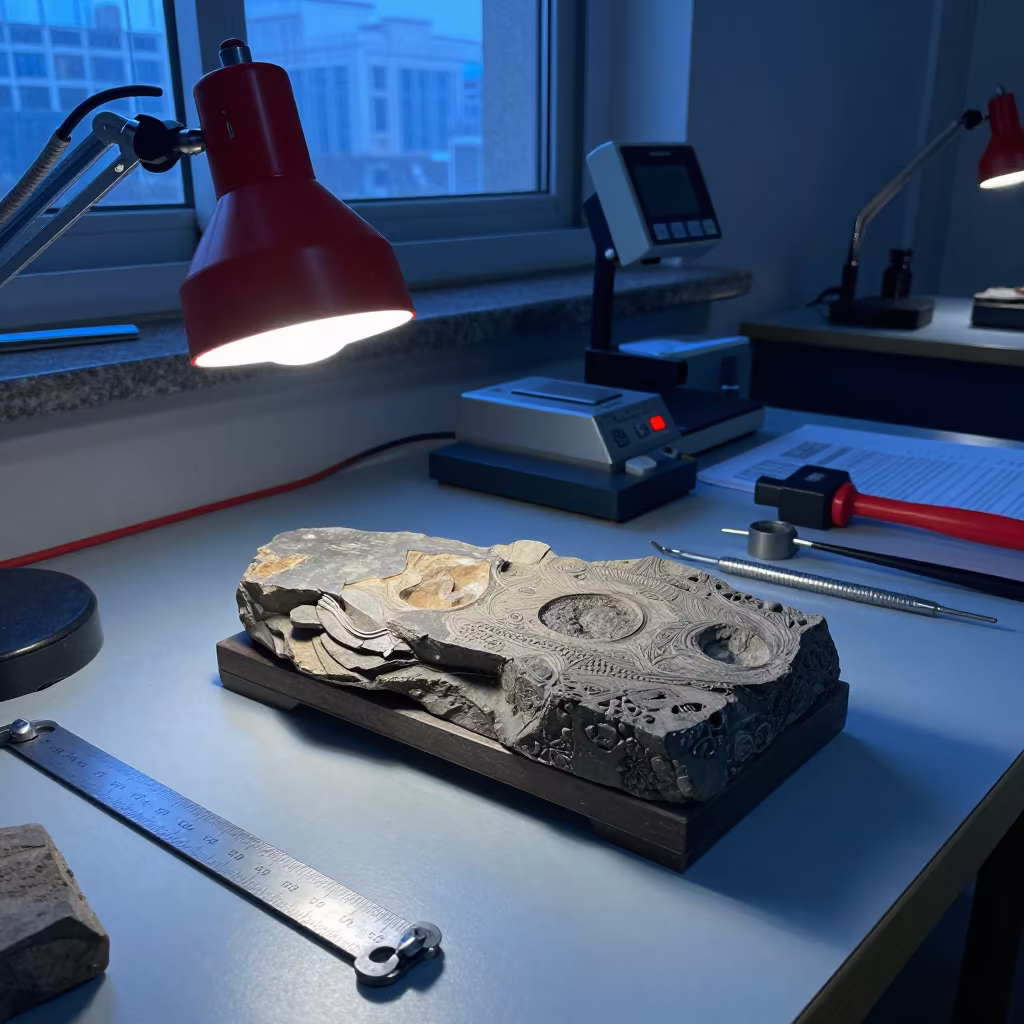 Fossil Prep Table Under Red Night Bulbs in at an engineering workbench in Pakpattan