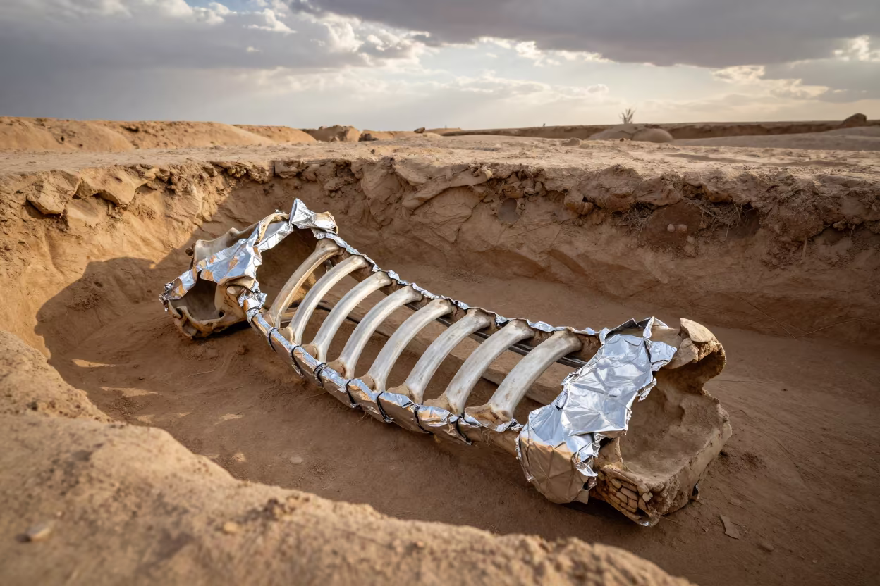 Fossil Rib Cage Stabilized with Foil in Desert Trench in in Isfahan