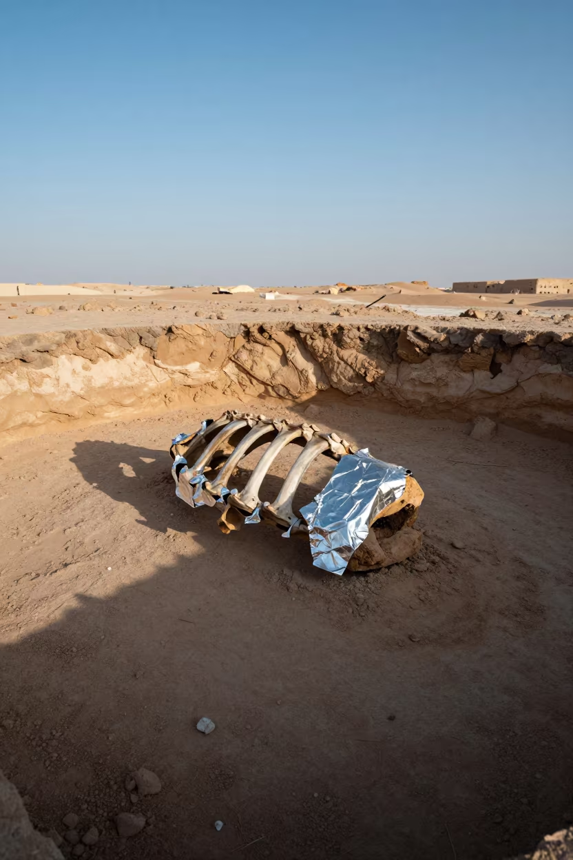 Fossil Rib Cage Stabilized with Foil in Desert Trench in near Dubai