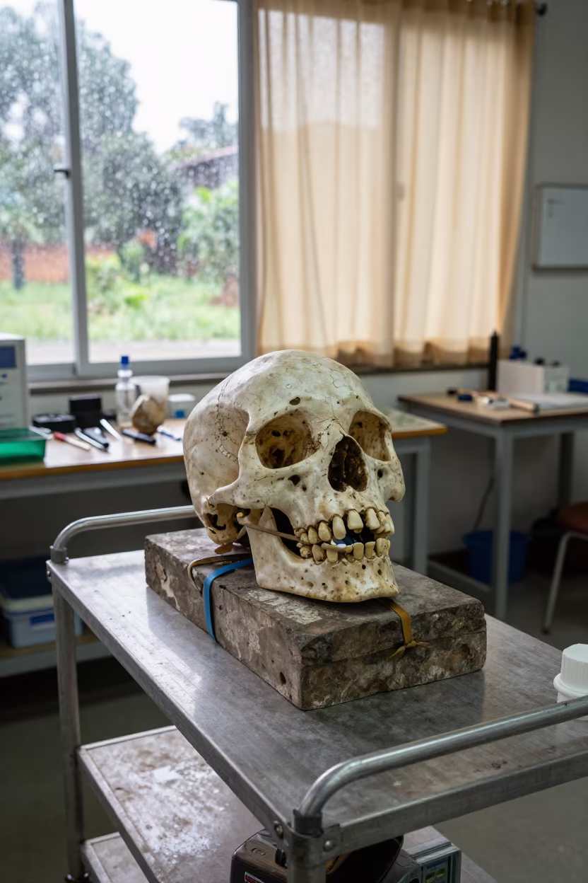 Fossil Skull Cradle in Kigali Lab Cart in in a fossil prep lab in Kigali