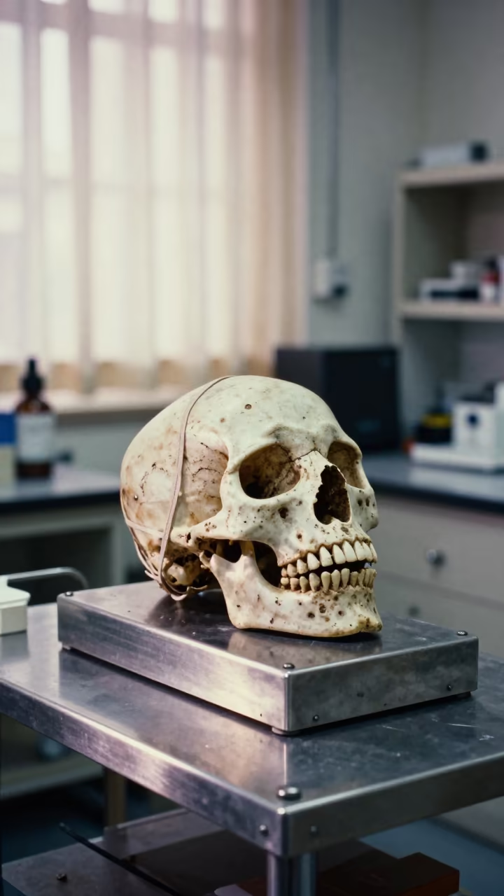 Fossil Skull Cradle on Lab Cart in Hong Kong in at an engineering workbench in Hong Kong