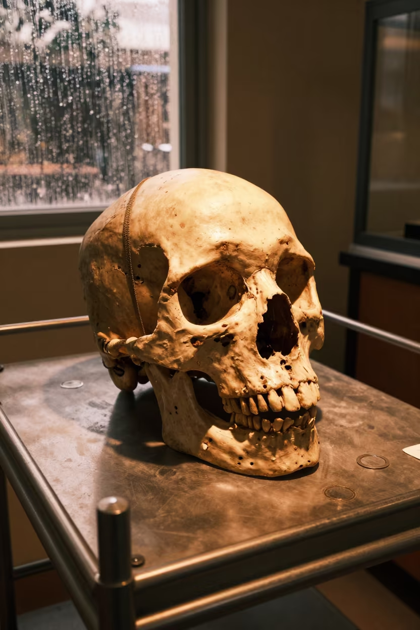 Fossil Skull in Laboratory Cart Near Yangon in in a bright laboratory near Kandawgyi, Yangon