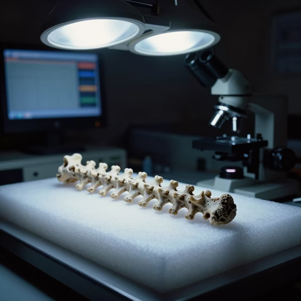 Fossil Vertebra on Foam Under Lab Lights in at a microscopy bench in Rawalpindi