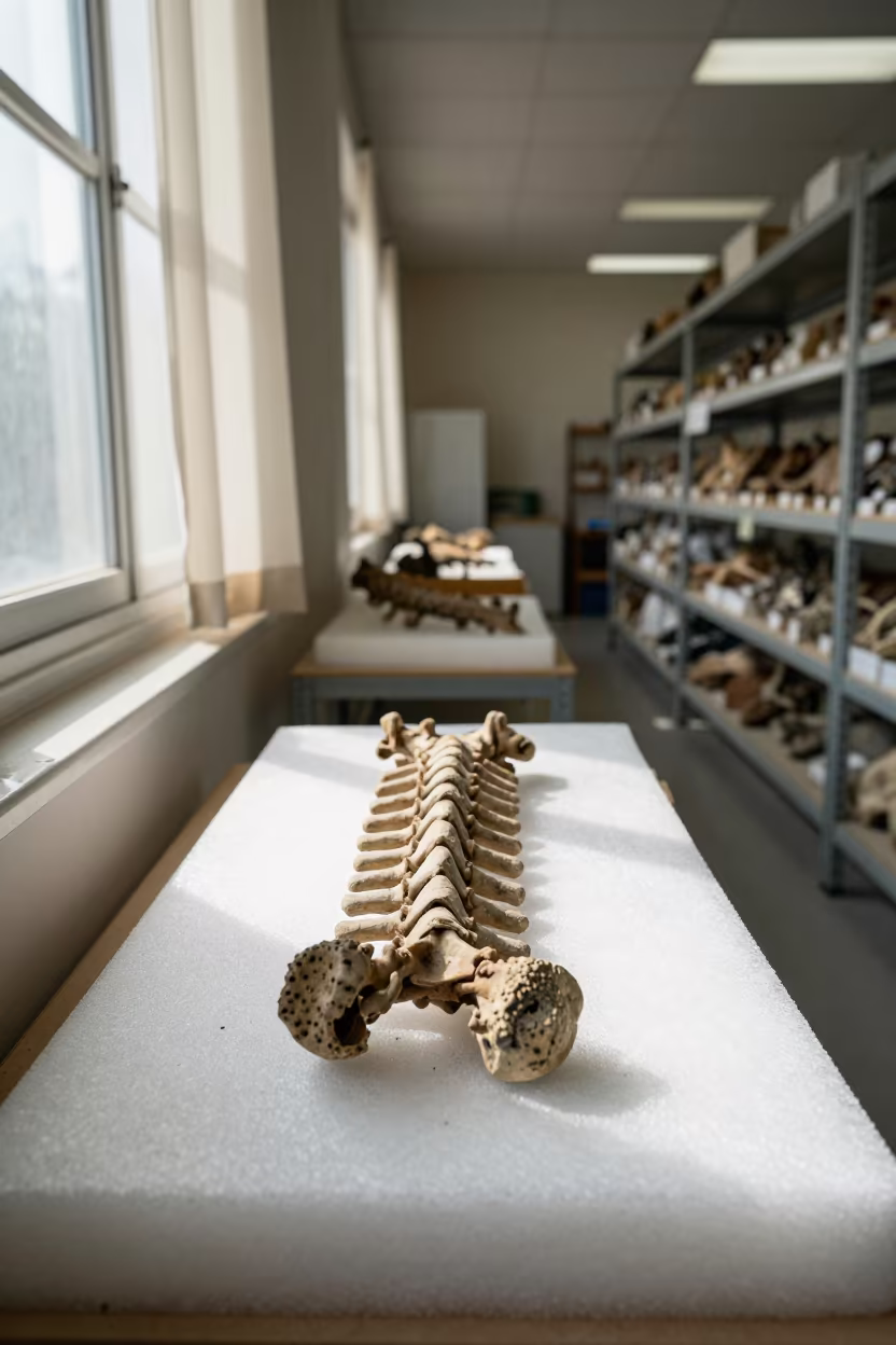 Fossil Vertebra on Foam in Markham Lab in in a specimen archive room in Markham