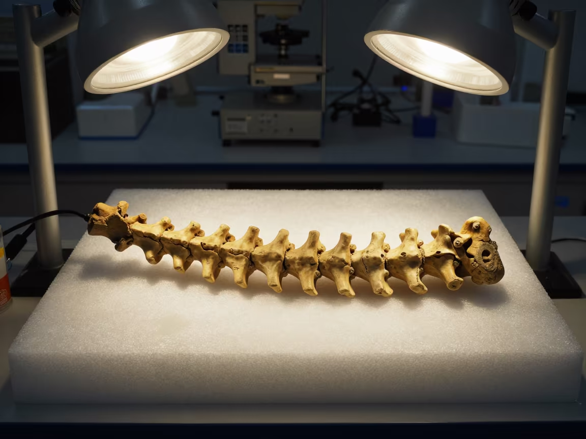Fossil Vertebra Under Lab Lamps Near Giza in inside a university research lab near Giza
