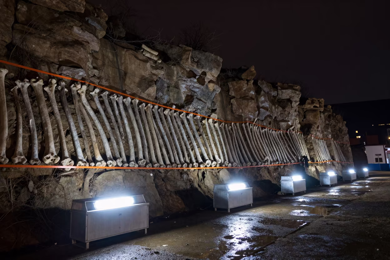 Fossil Vertebra Line in Vera Cliff at Night in in Vera, Tbilisi