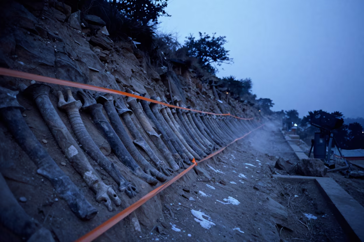 Fossil Vertebrae Line Marked in Kathmandu Twilight in in Boudhanath, Kathmandu