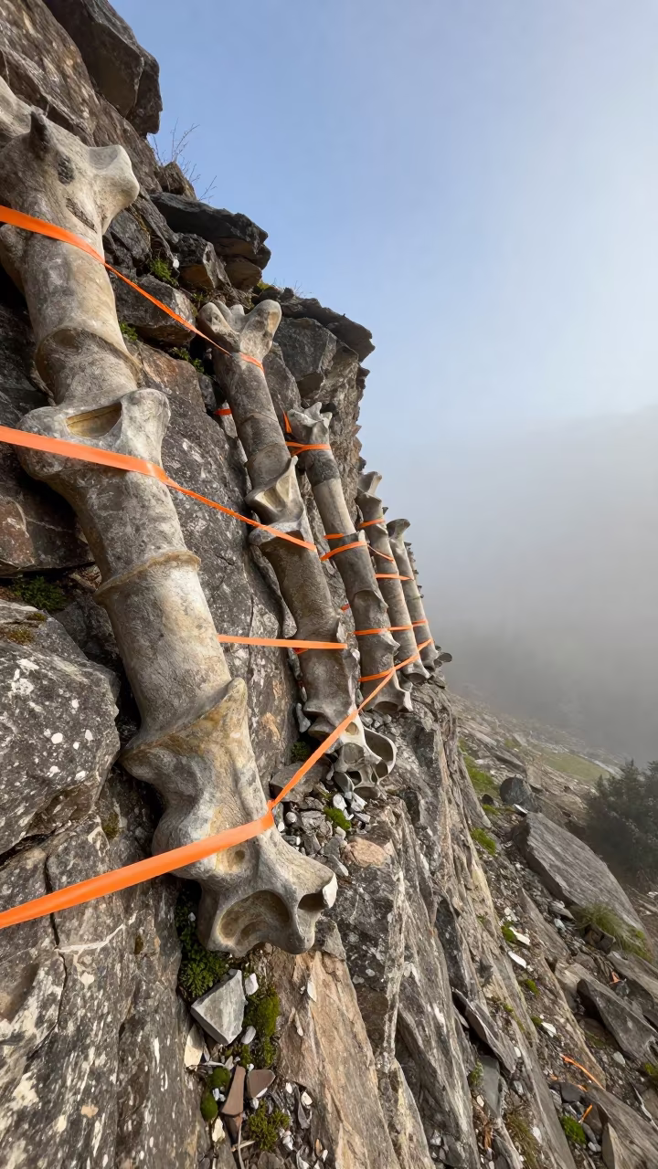 Fossil Vertebrae Line in Misty Manali Cliff Dawn in in Manali