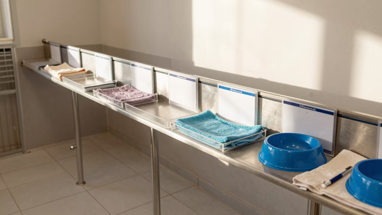 Foster Carrier Cleaning Tag Rail in Prague Kennel in in a boarding kennel corridor in Prague