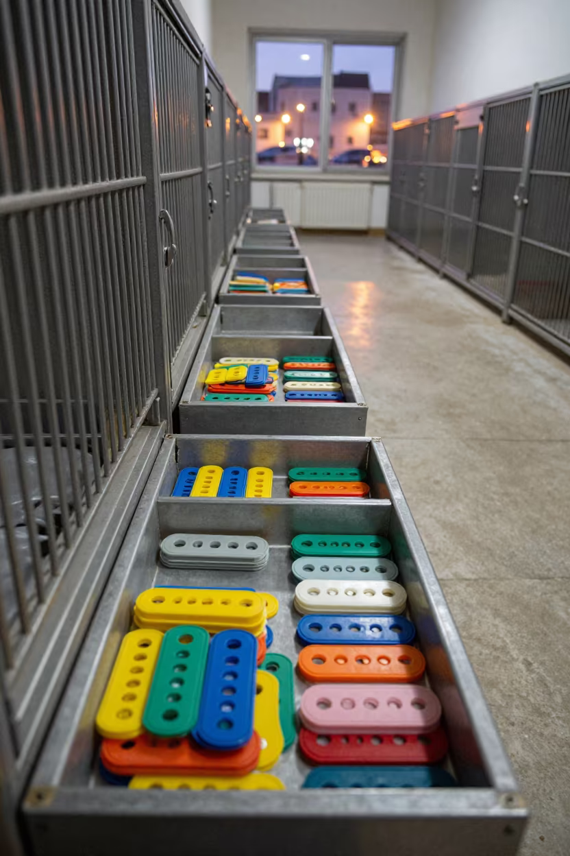 Foster Collar Labels in Winter Kennel in in a boarding kennel corridor in Kafr el-Sheikh