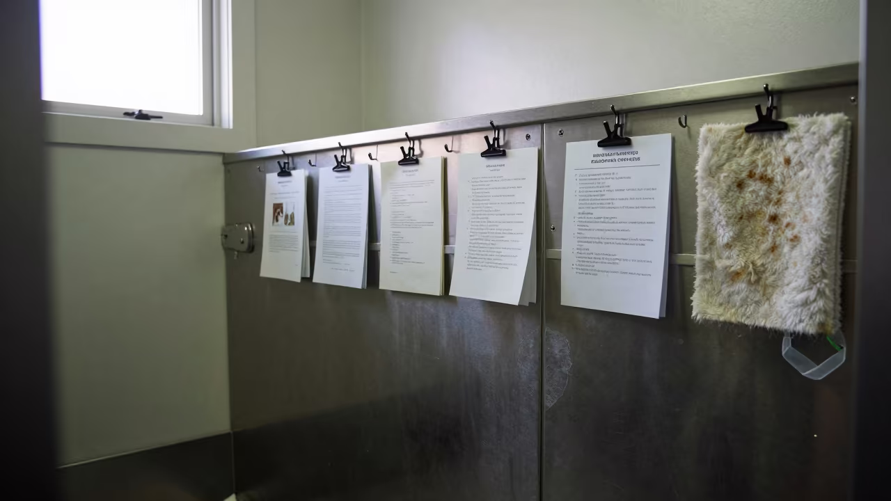 Foster Med Reminder Card Wall in Grooming Bay in inside a grooming bay in Oshawa