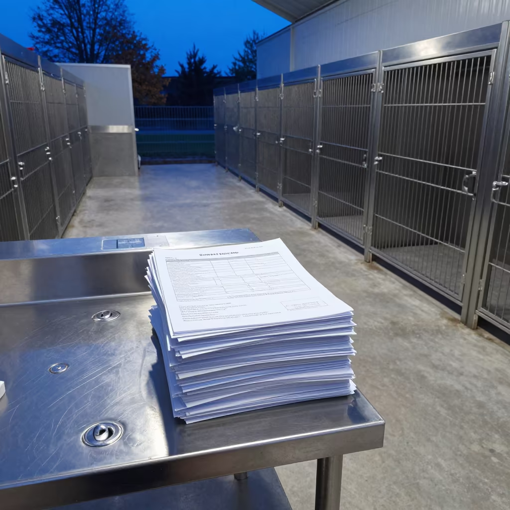 Foster Pickup Papers on Kennel Shelf Twilight in in a boarding kennel corridor in Dąbrowa Górnicza