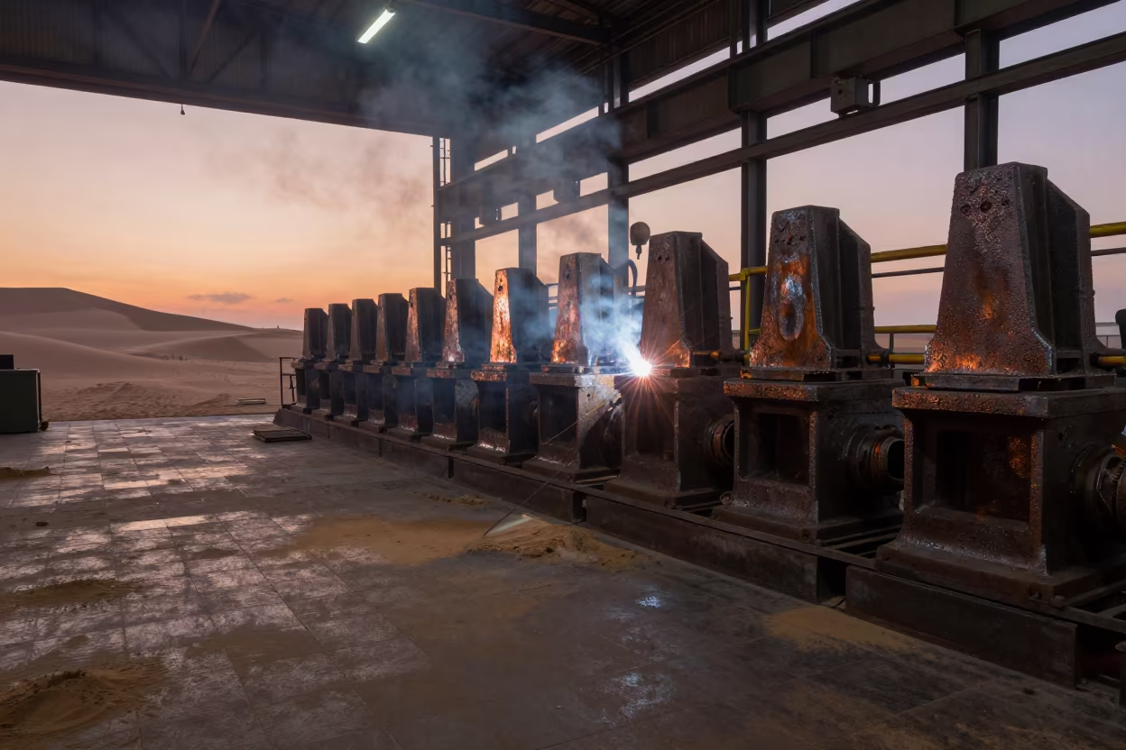 Foundry Cast Iron Silhouettes Sand Dunes Dusk in in a welding bay near Gliwice