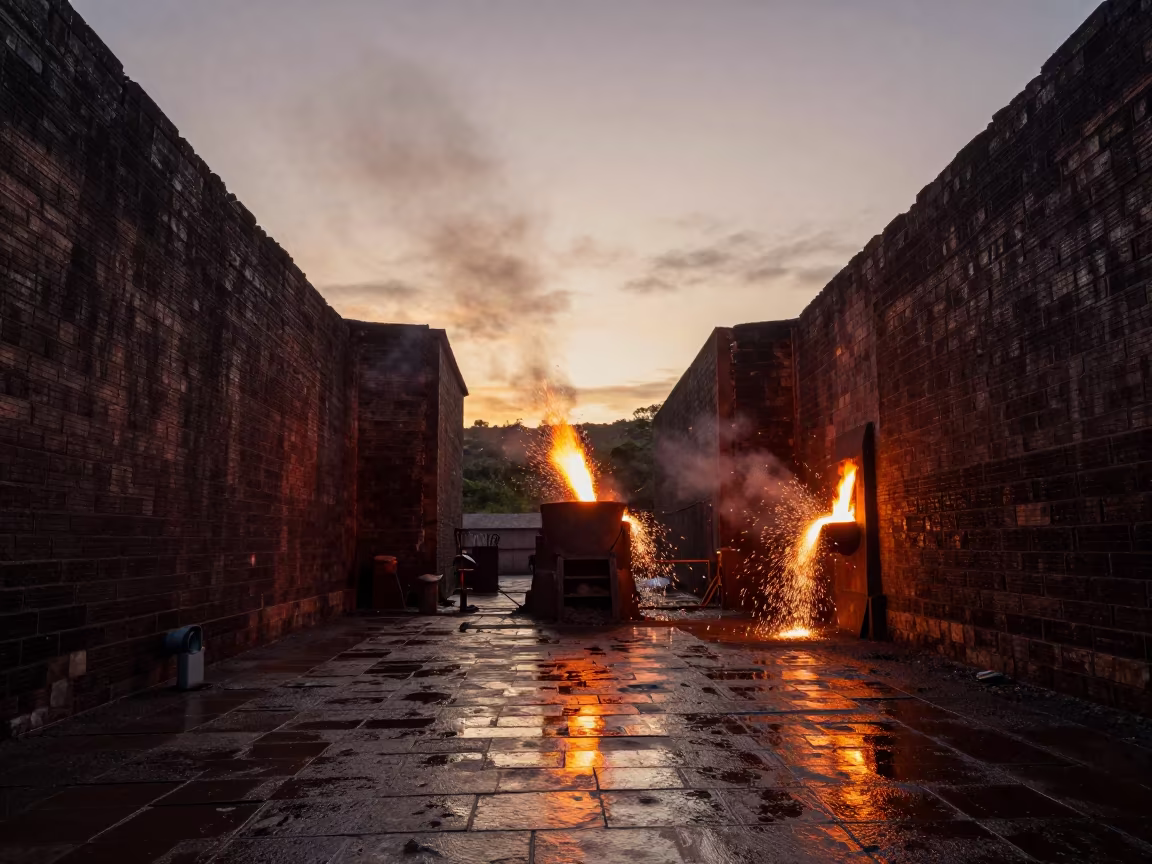 Foundry Ladle Sparks Against Dark Brick Walls in on a quarry ledge near Fortaleza