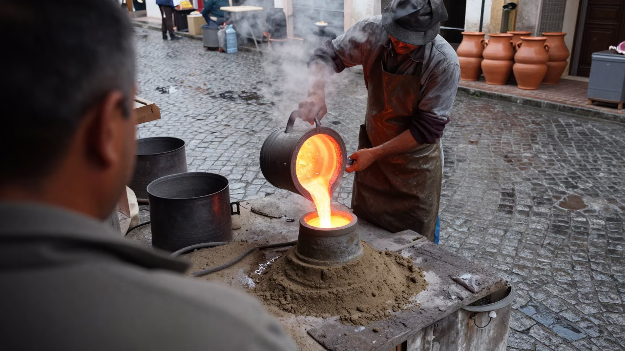 Foundry Worker Pouring Molten Bronze in Alicante Market Lane in along a market lane in Alicante