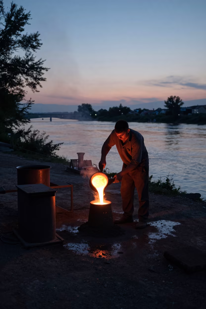 Foundry Worker Pours Bronze at Izmit River in near a riverside landing in İzmit