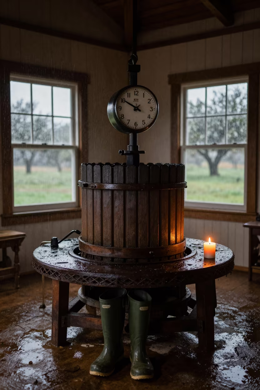 Four Thirty Clock Wet Boots Olive Press in inside a village olive press in Oklahoma