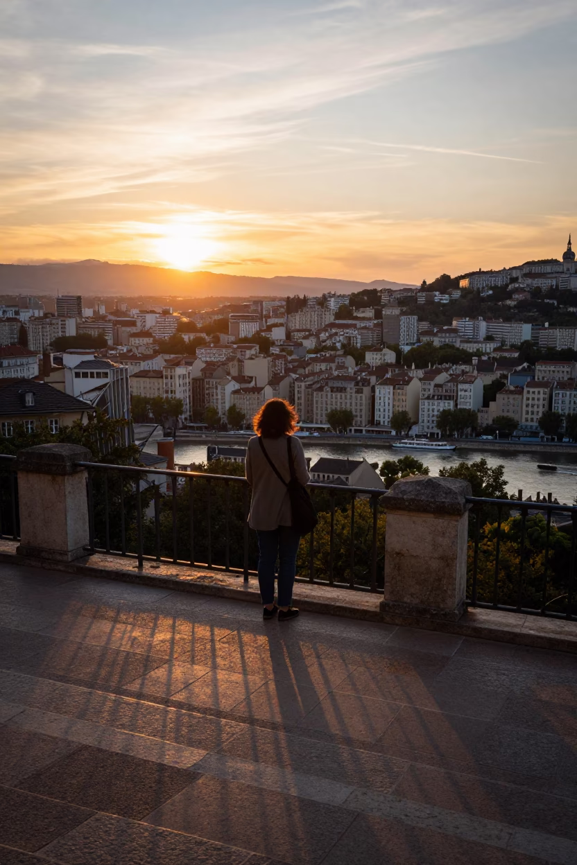 Fourvière Hill in Lyon at Sunset Light in in Lyon, France