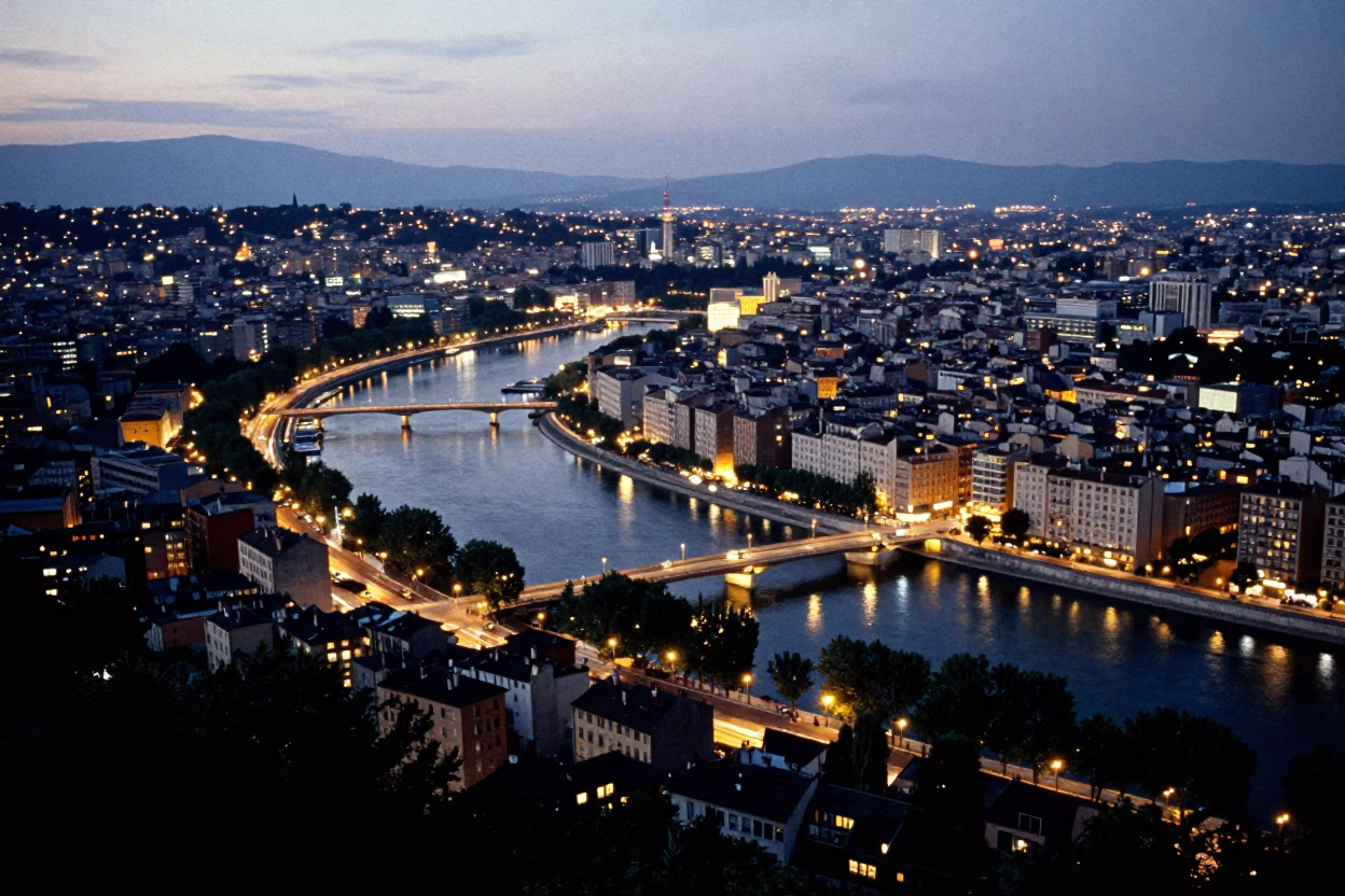Fourvière Hill Overlooking Saône River And City Lights in Lyon in in Lyon, France
