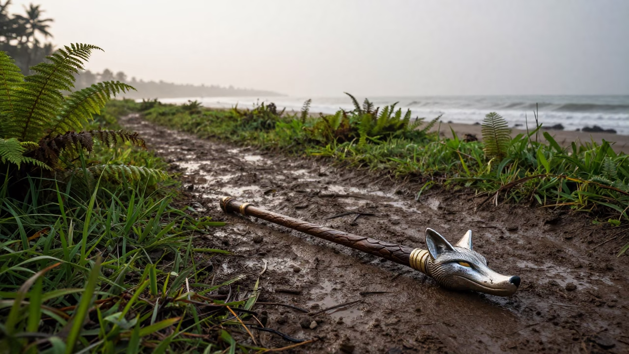 Fox Head Walking Stick on Rainy Game Trail in along a game trail near Kolkata